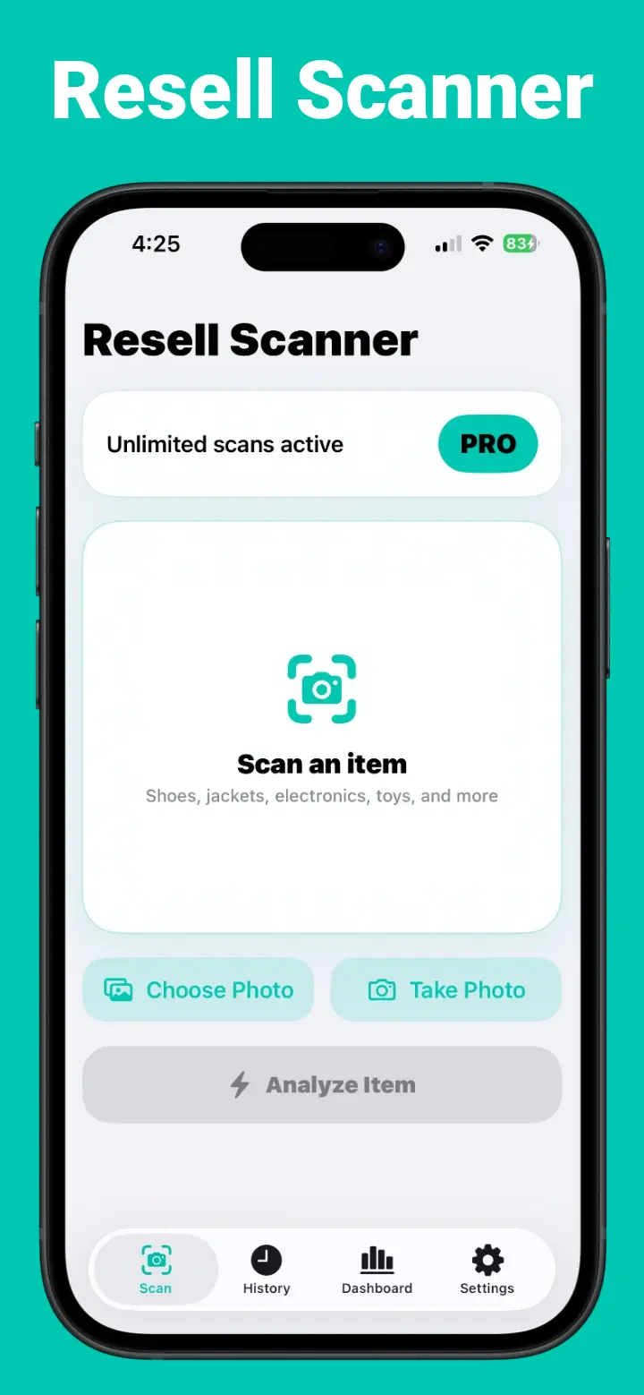 Resell Scanner app home screen with scan item camera button