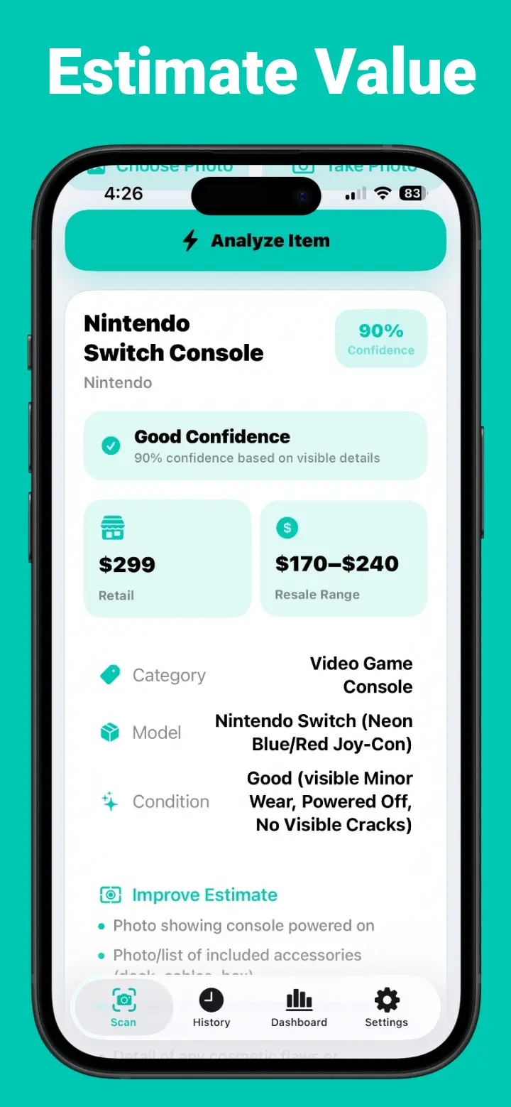 Estimated retail value and resale range in Resell Scanner